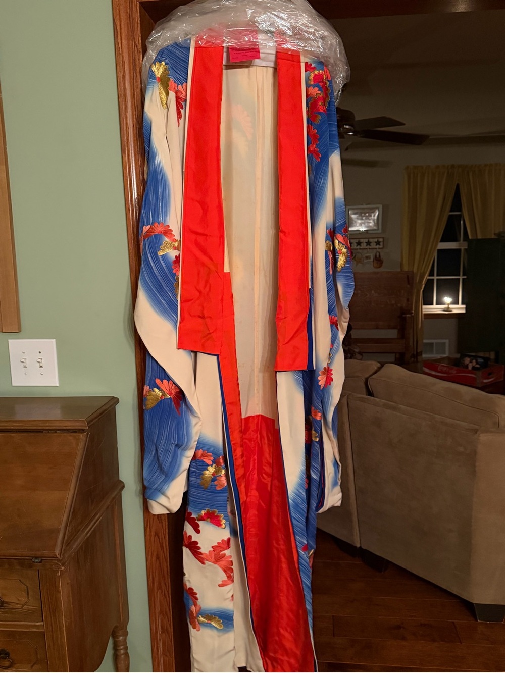 Vibrant Floral Long Kimono Robe in Blue and Red/Vintage